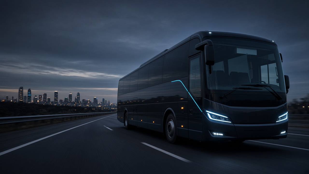 Modern coach on a highway, visual reference