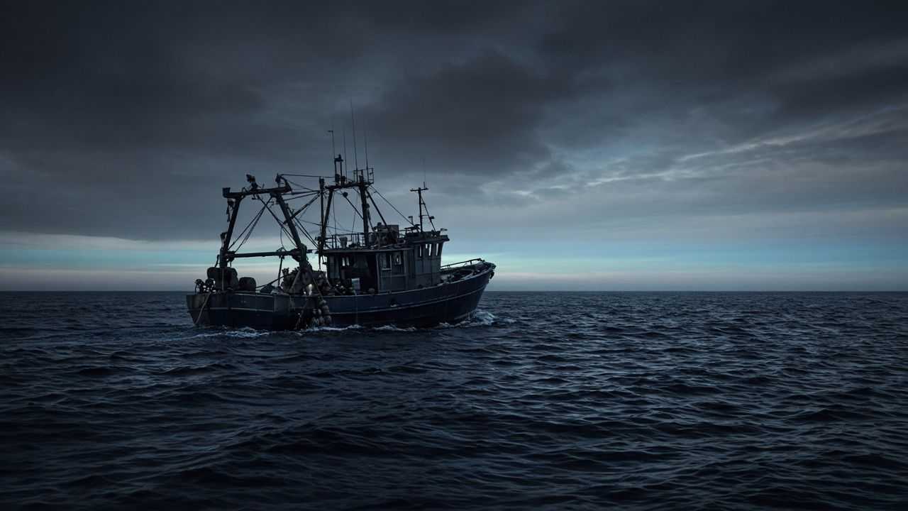 Fishing boat on dark water, visual reference